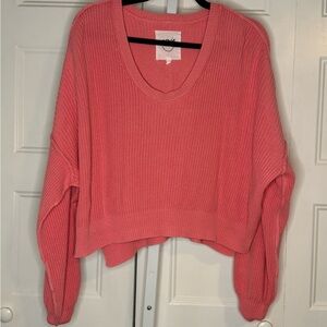 aerie Coral Pink V-Neck Waffle Knit Sweater